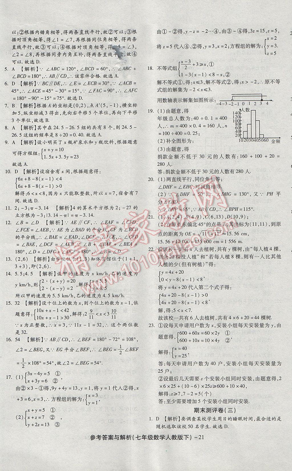 2017年練考通全優(yōu)卷七年級(jí)數(shù)學(xué)下冊(cè)人教版 參考答案第21頁(yè)