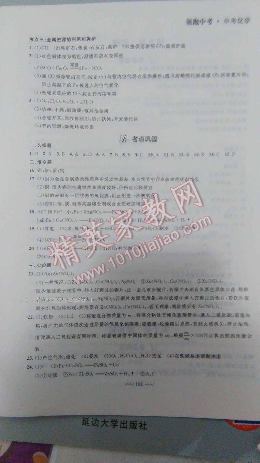 2017年领跑中考中考化学一轮总复习大连 参考答案第31页