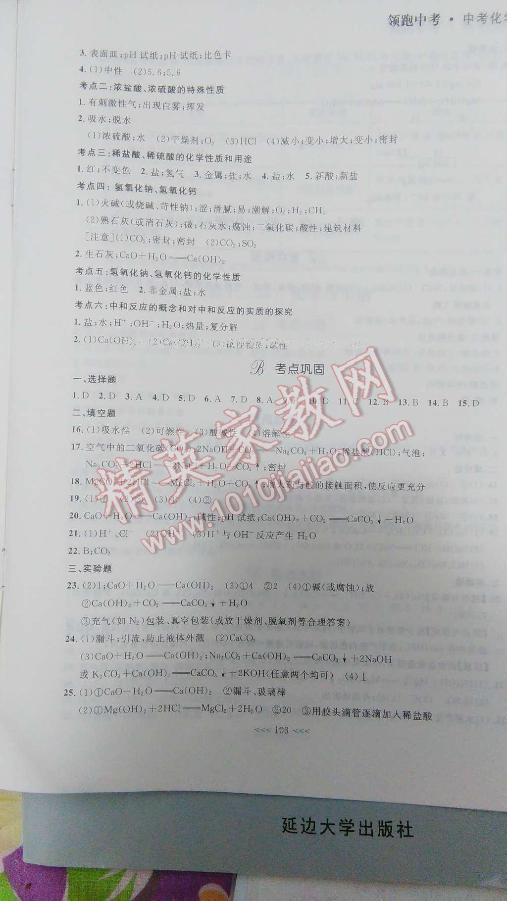 2017年领跑中考中考化学一轮总复习大连 参考答案第33页