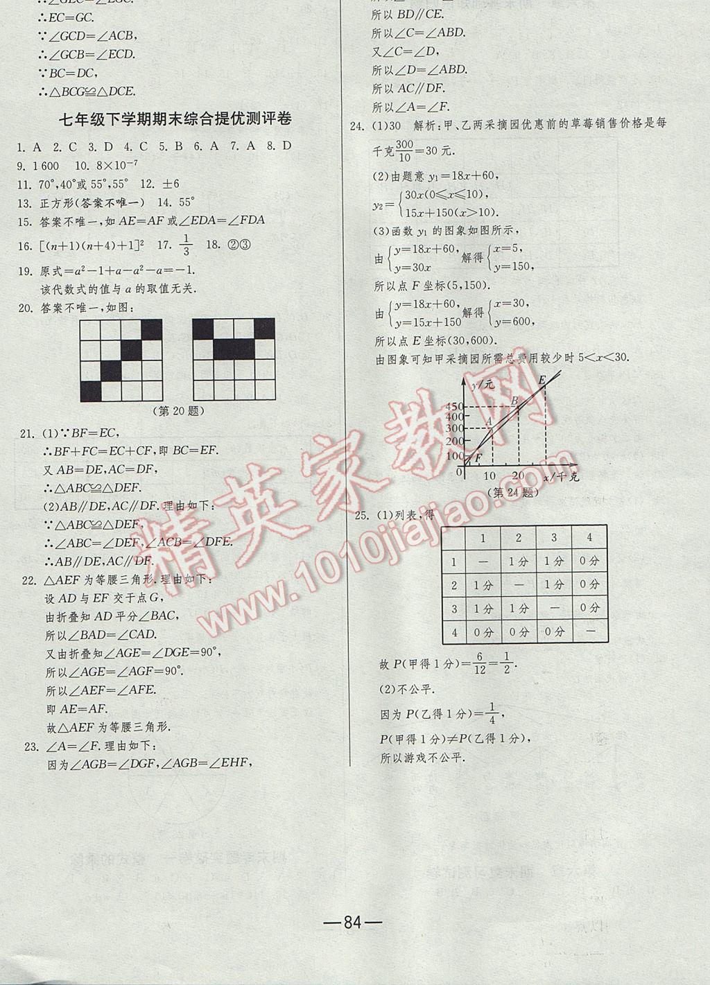 2017年期末闯关冲刺100分七年级数学下册北师大版 参考答案第8页