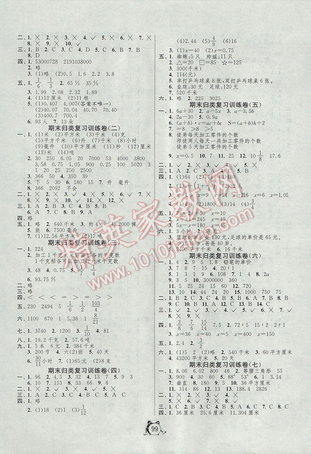 2017年单元双测同步达标活页试卷六年级数学下册苏教版 参考答案第3页