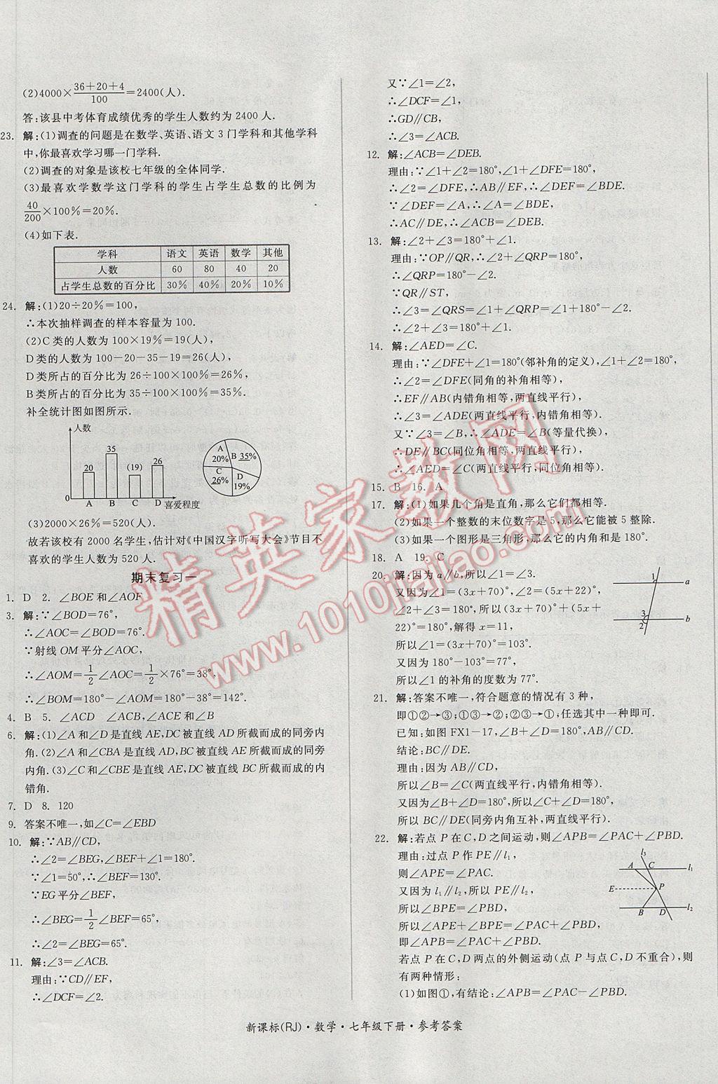 2017年全品小復習七年級數(shù)學下冊人教版 參考答案第9頁