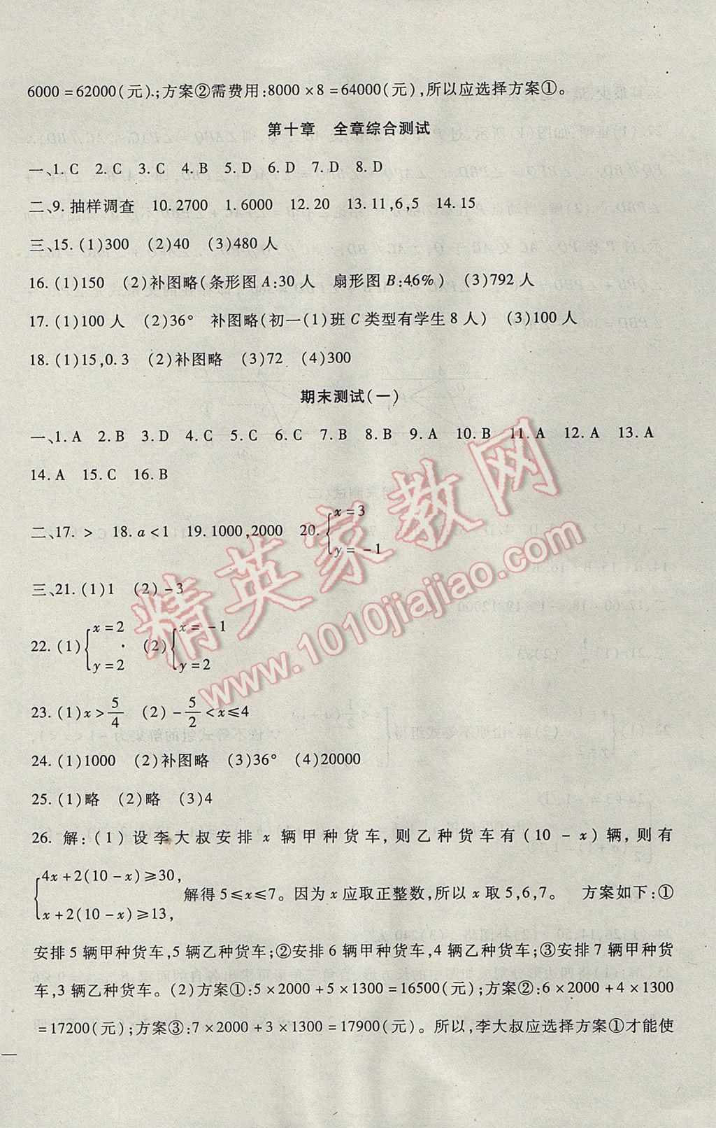 2017年海淀金卷七年级数学下册人教版 参考答案第14页