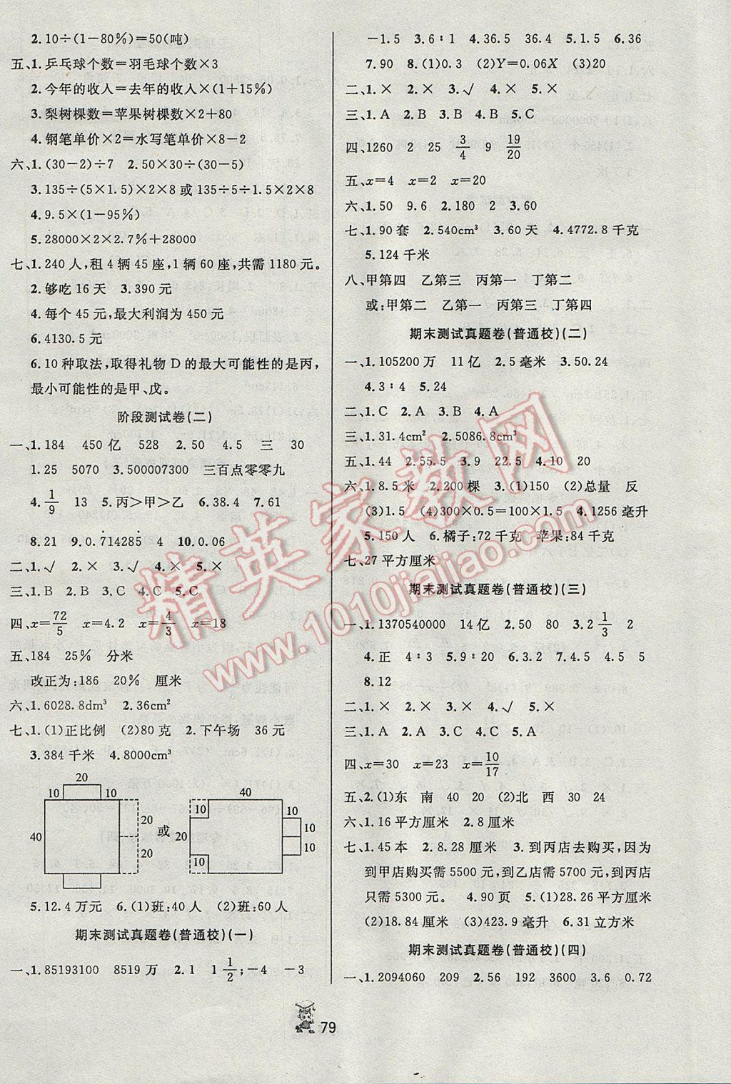 2017年百分金卷奪冠密題六年級數(shù)學下冊人教版 參考答案第3頁