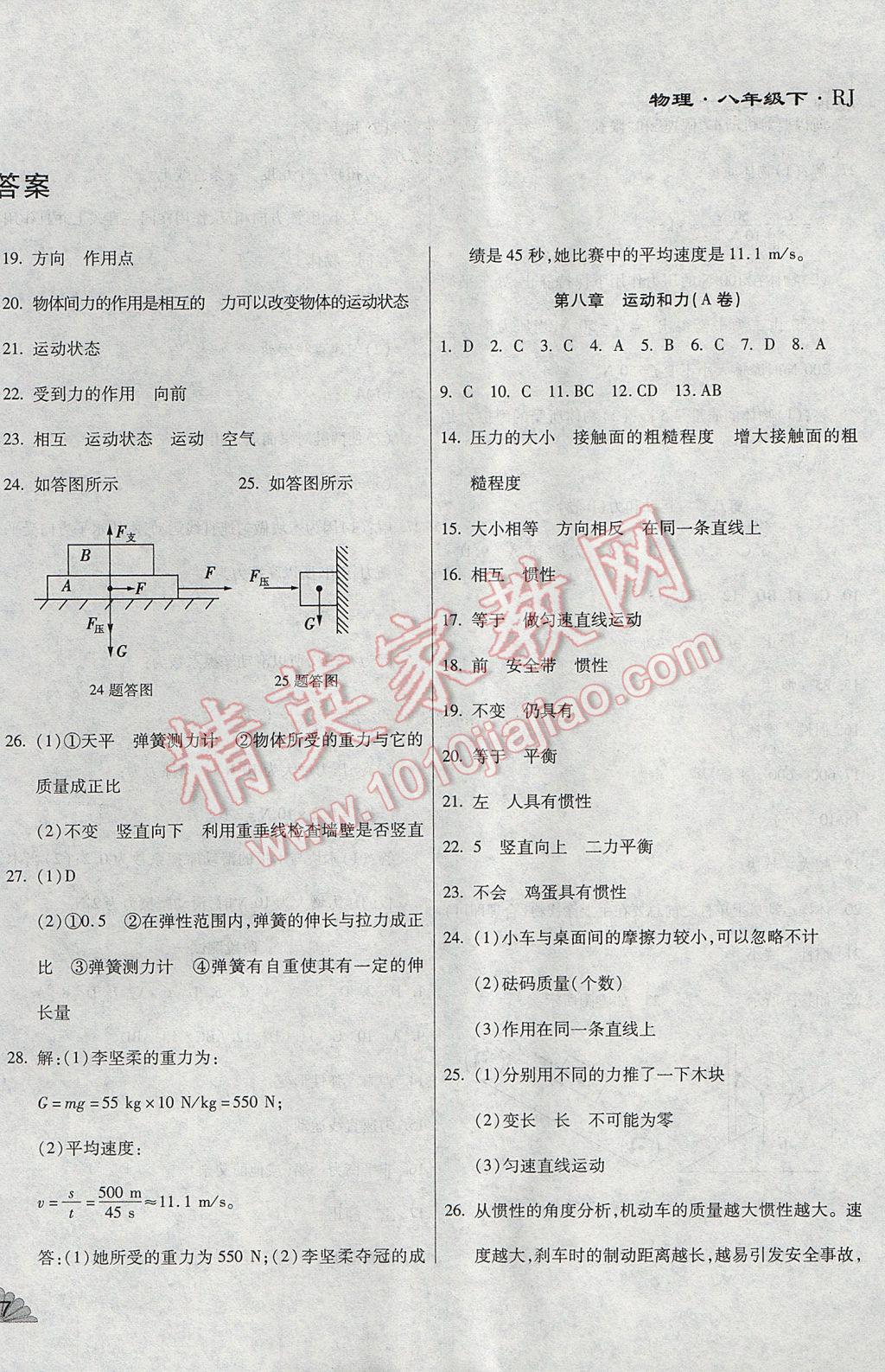 2017年千里馬單元測試卷八年級物理下冊人教版 參考答案第2頁