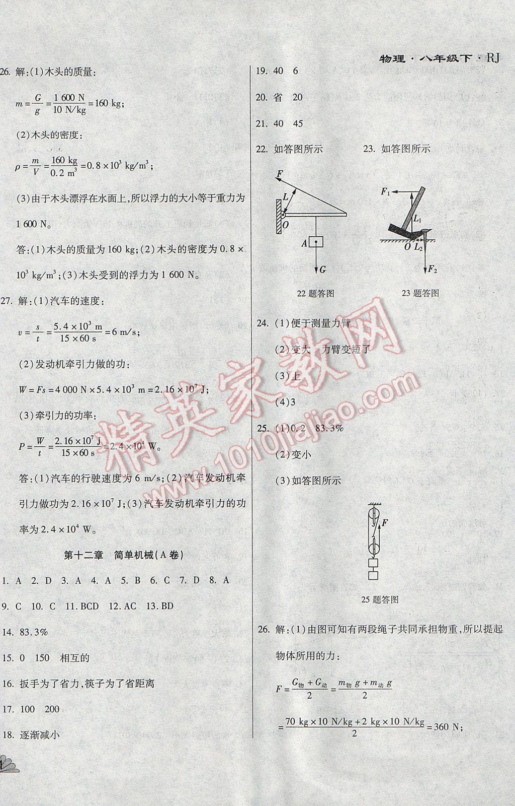 2017年千里馬單元測試卷八年級物理下冊人教版 參考答案第10頁