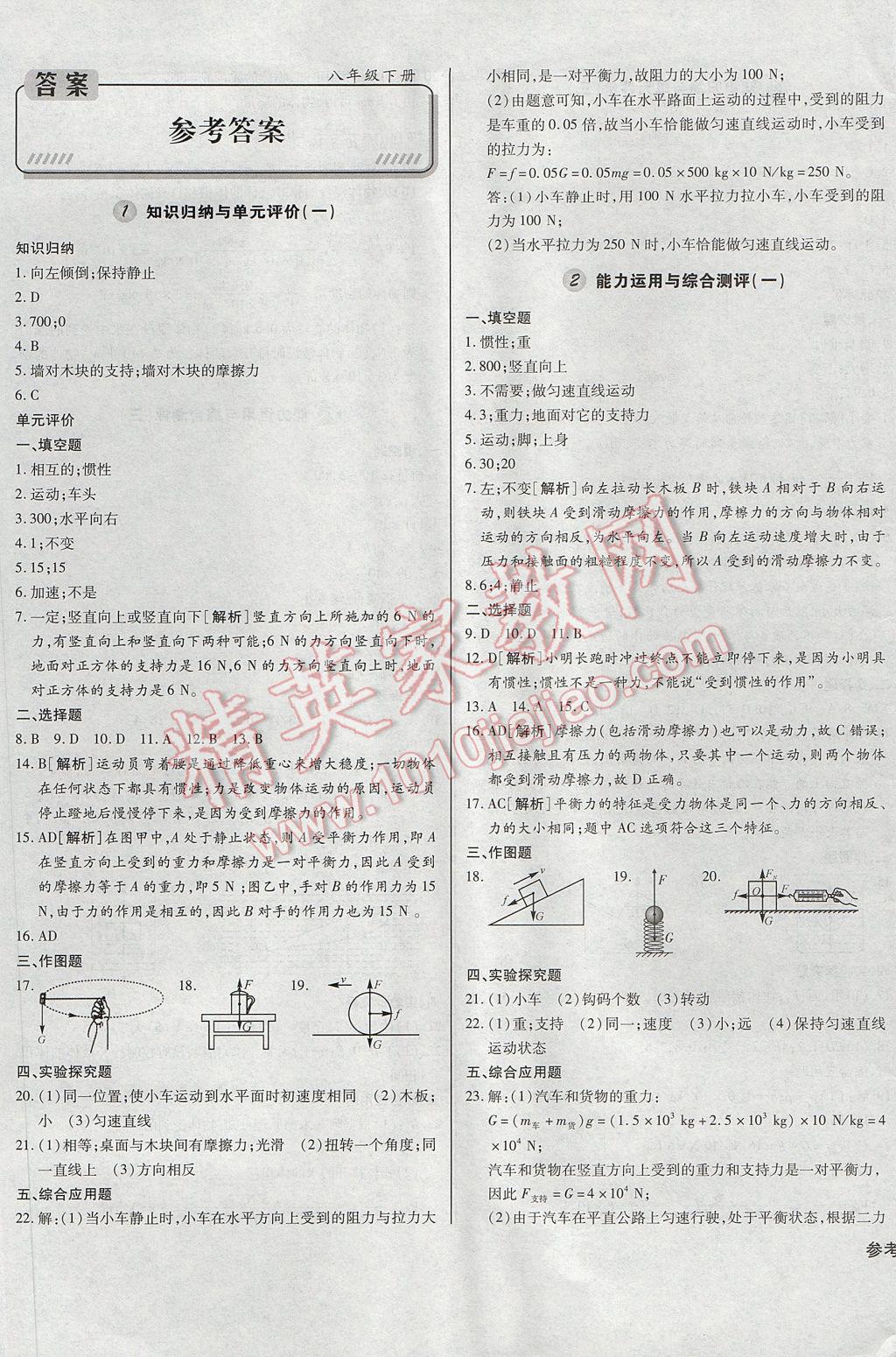 2017年考點梳理單元金卷八年級物理下冊 參考答案第1頁