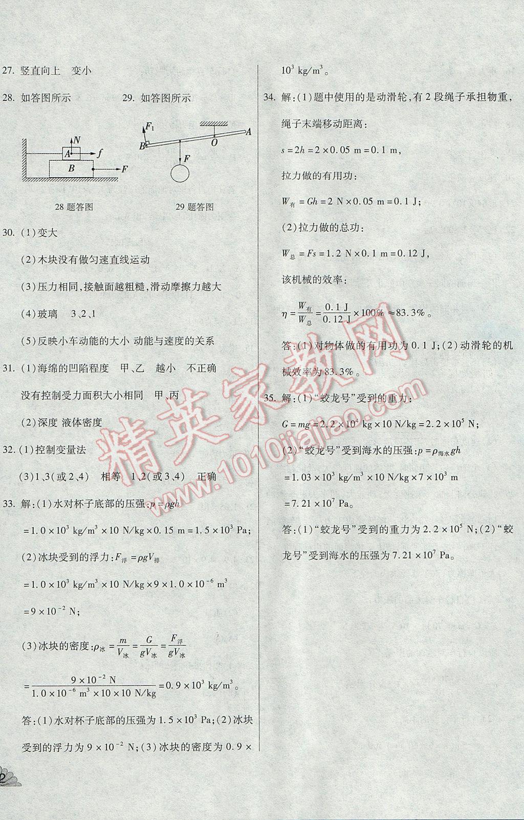 2017年千里馬單元測試卷八年級物理下冊人教版 參考答案第12頁