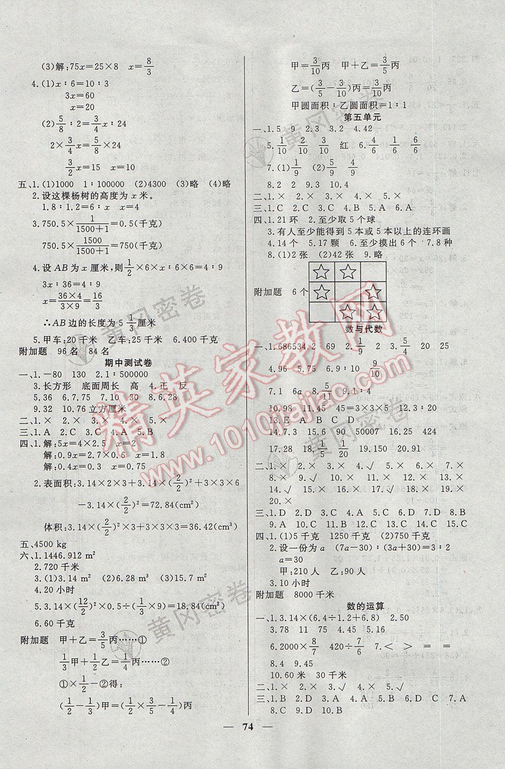 2017年王后雄黄冈密卷六年级数学下册人教版 参考答案第2页