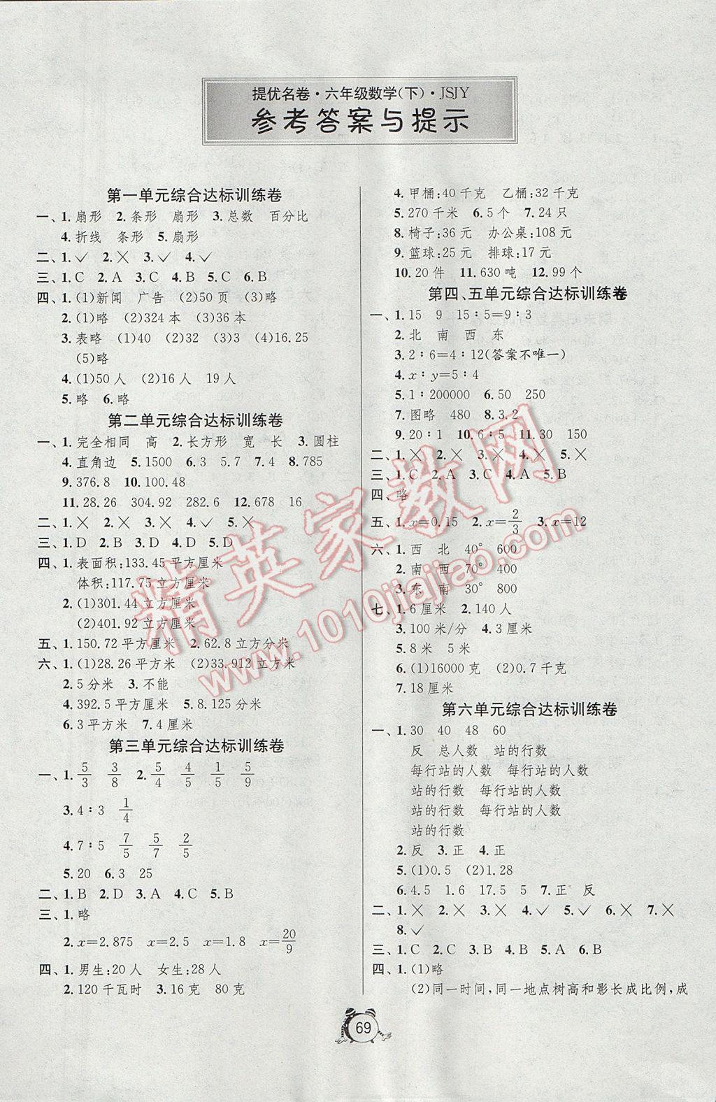 2017年名牌牛皮卷提优名卷六年级数学下册苏教版 参考答案第1页