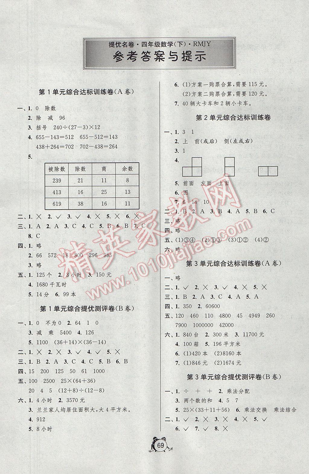 2017年名牌牛皮卷提優(yōu)名卷四年級(jí)數(shù)學(xué)下冊(cè)人教版 參考答案第1頁(yè)