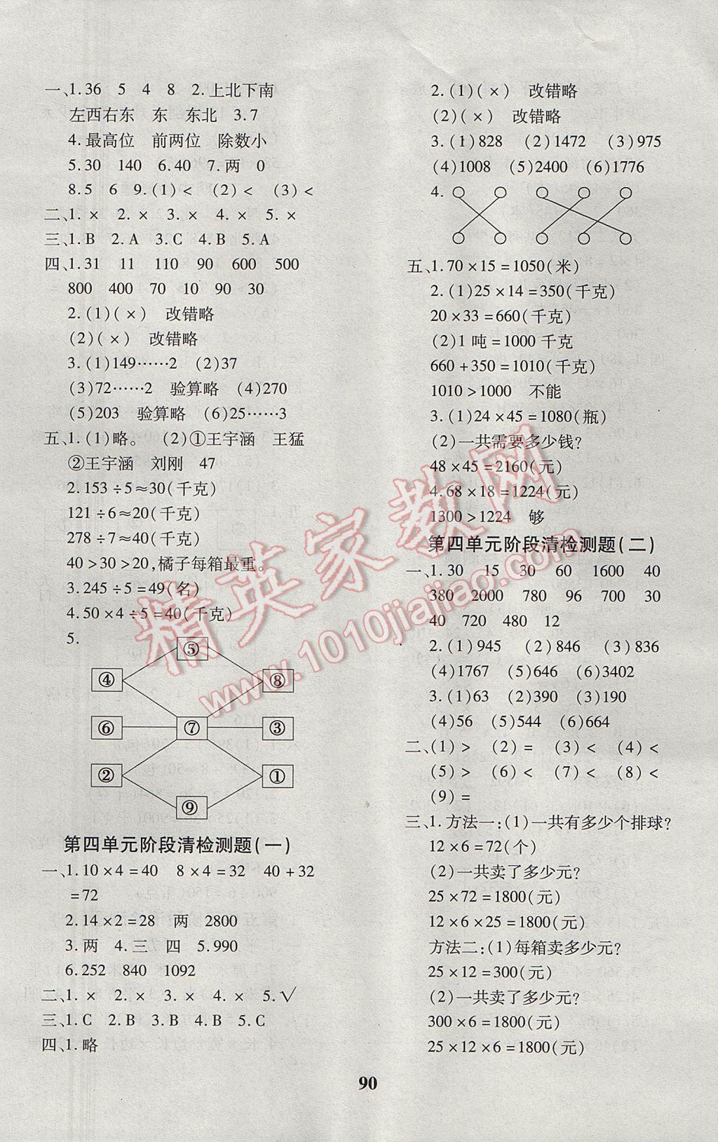 2017年教育世家状元卷三年级数学下册人教版 参考答案第2页