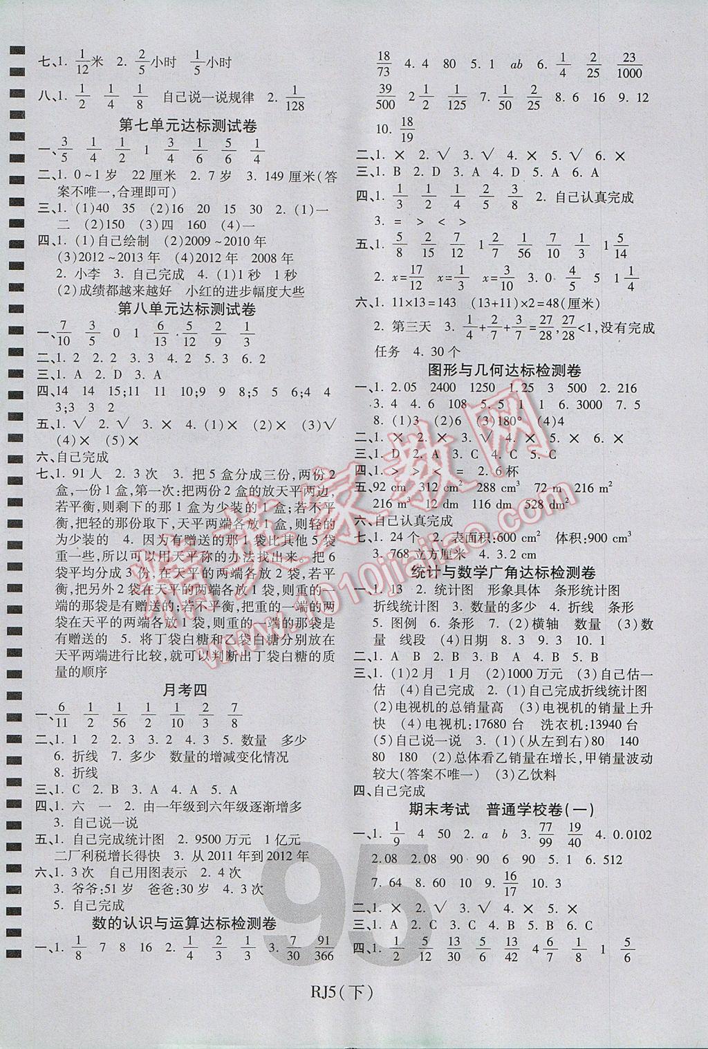 2017年期末100分沖刺卷五年級數(shù)學(xué)下冊人教版 參考答案第3頁