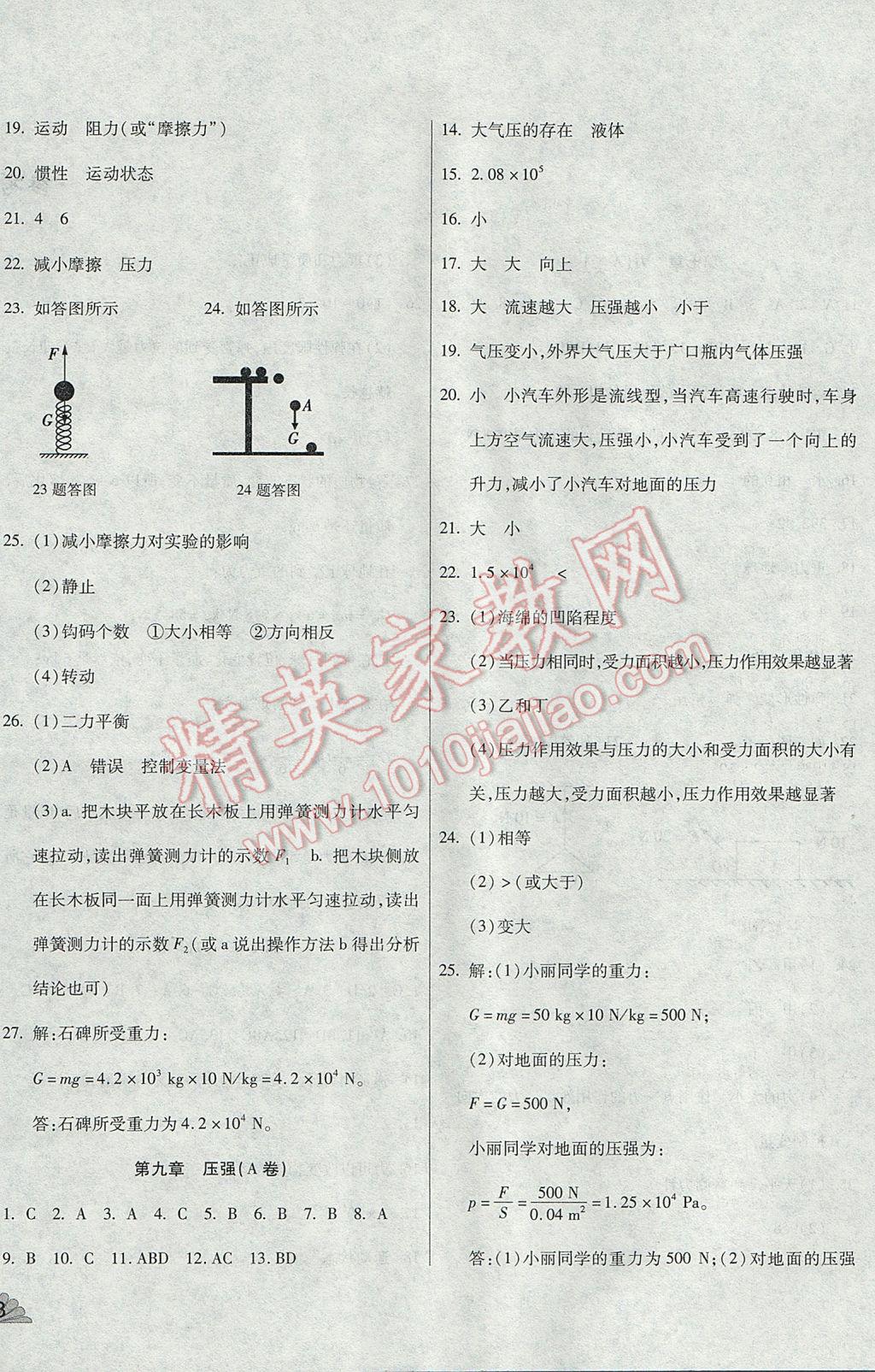 2017年千里馬單元測試卷八年級物理下冊人教版 參考答案第4頁