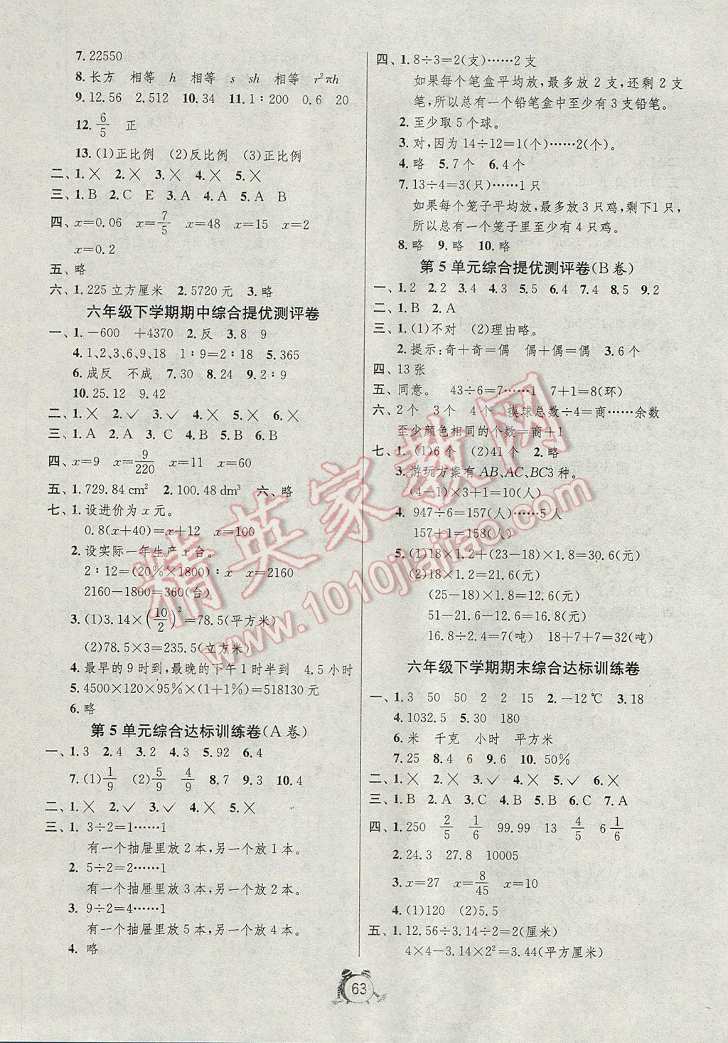 2017年名牌牛皮卷提优名卷六年级数学下册人教版 参考答案第3页