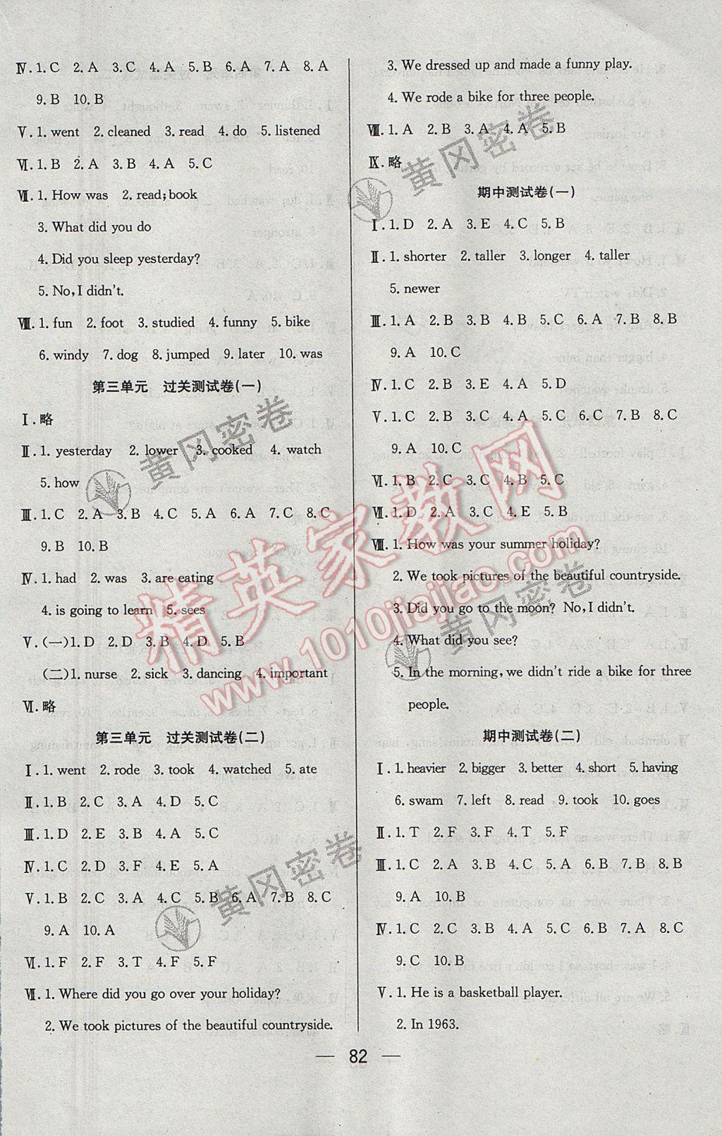 2017年王后雄黄冈密卷六年级英语下册人教版 参考答案第2页