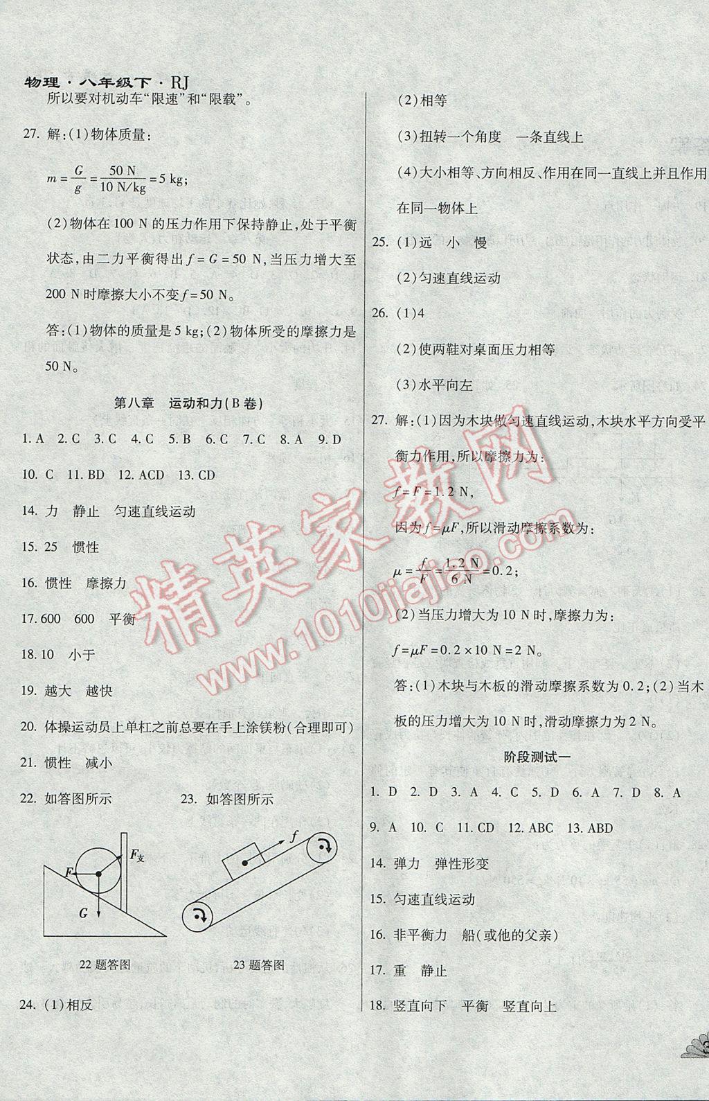 2017年千里馬單元測(cè)試卷八年級(jí)物理下冊(cè)人教版 參考答案第3頁(yè)