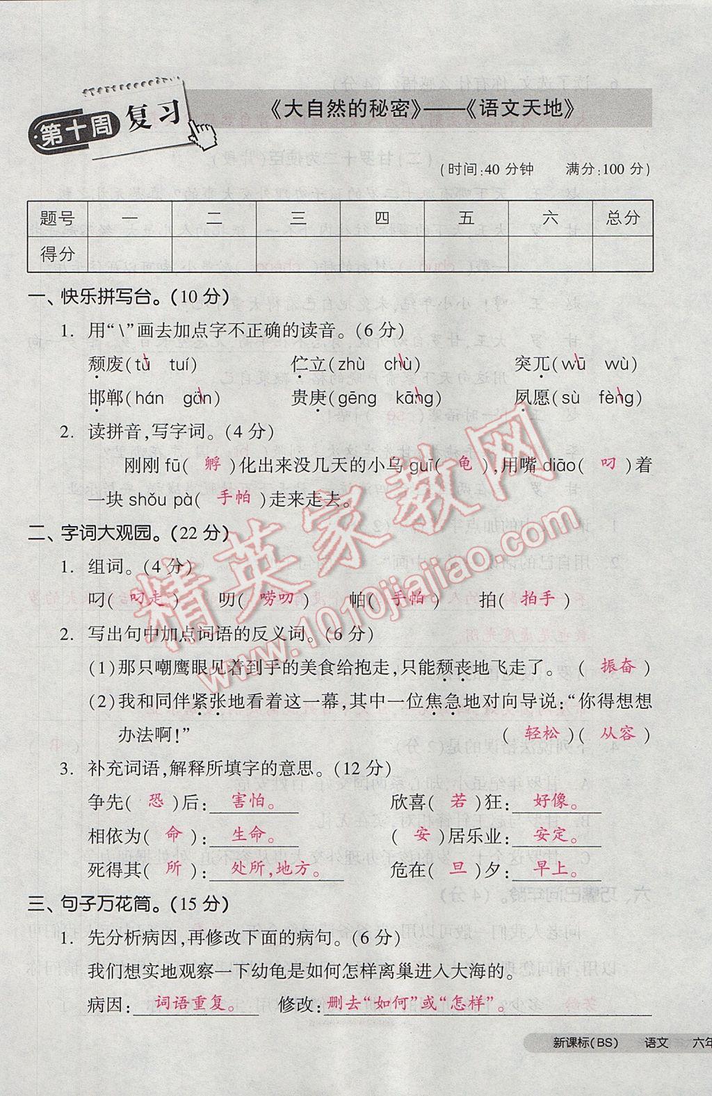 2017年全品小复习六年级语文下册北师大版 参考答案第57页