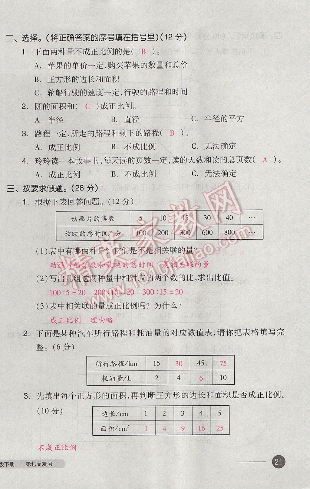 2017年全品小復(fù)習(xí)六年級數(shù)學(xué)下冊北師大版 參考答案第42頁