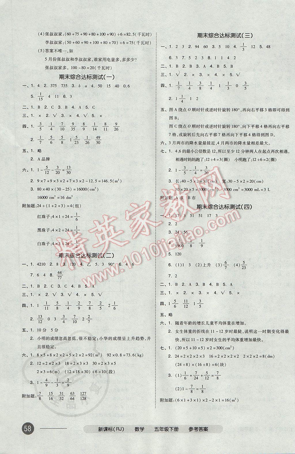 2017年全品小复习五年级数学下册人教版 参考答案第7页