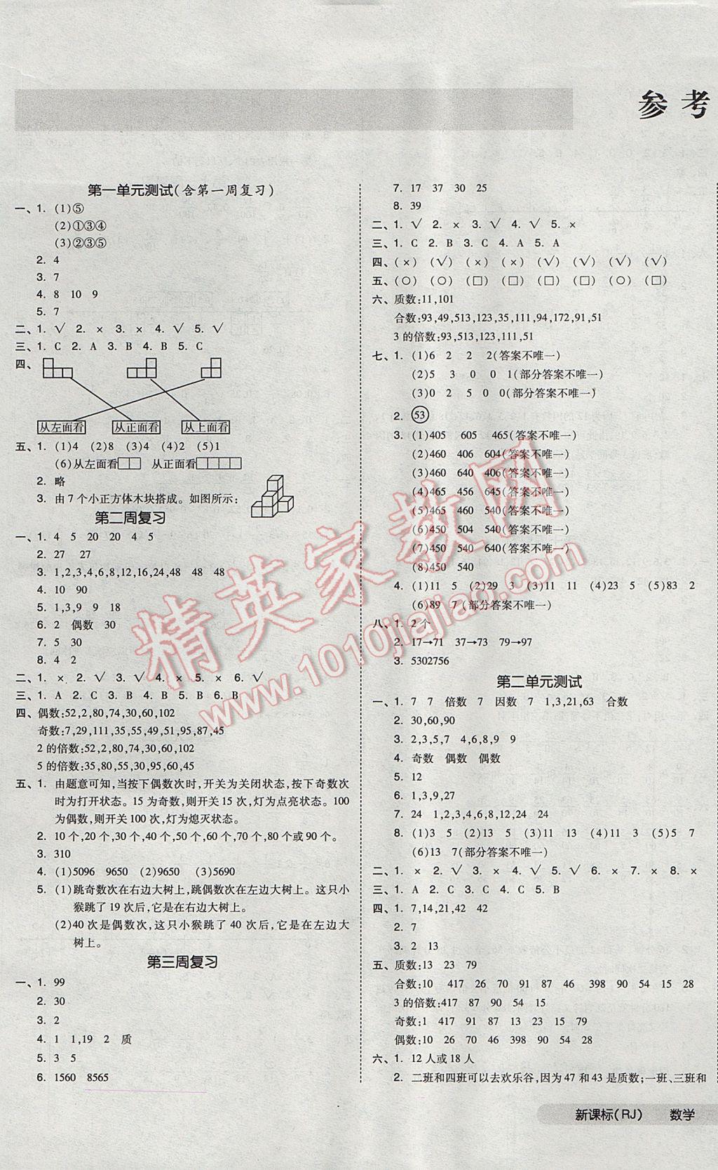 2017年全品小复习五年级数学下册人教版 参考答案第1页