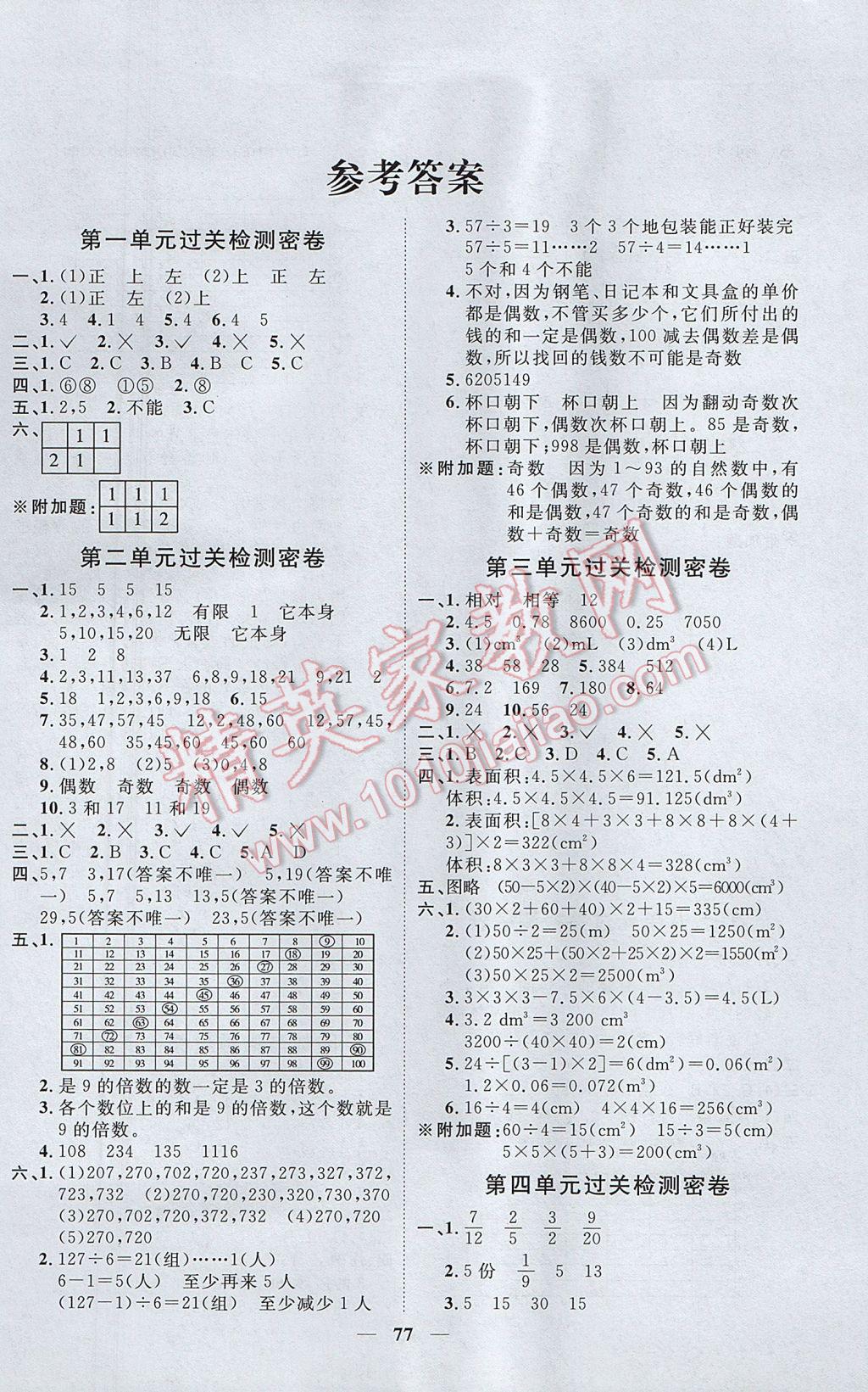 2017年一線名師全優(yōu)好卷五年級(jí)數(shù)學(xué)下冊(cè)人教版 參考答案第1頁