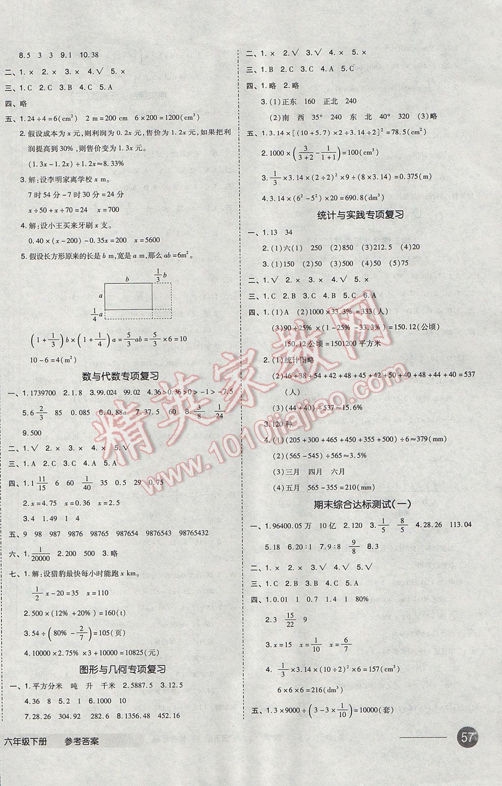 2017年全品小复习六年级数学下册人教版 参考答案第6页