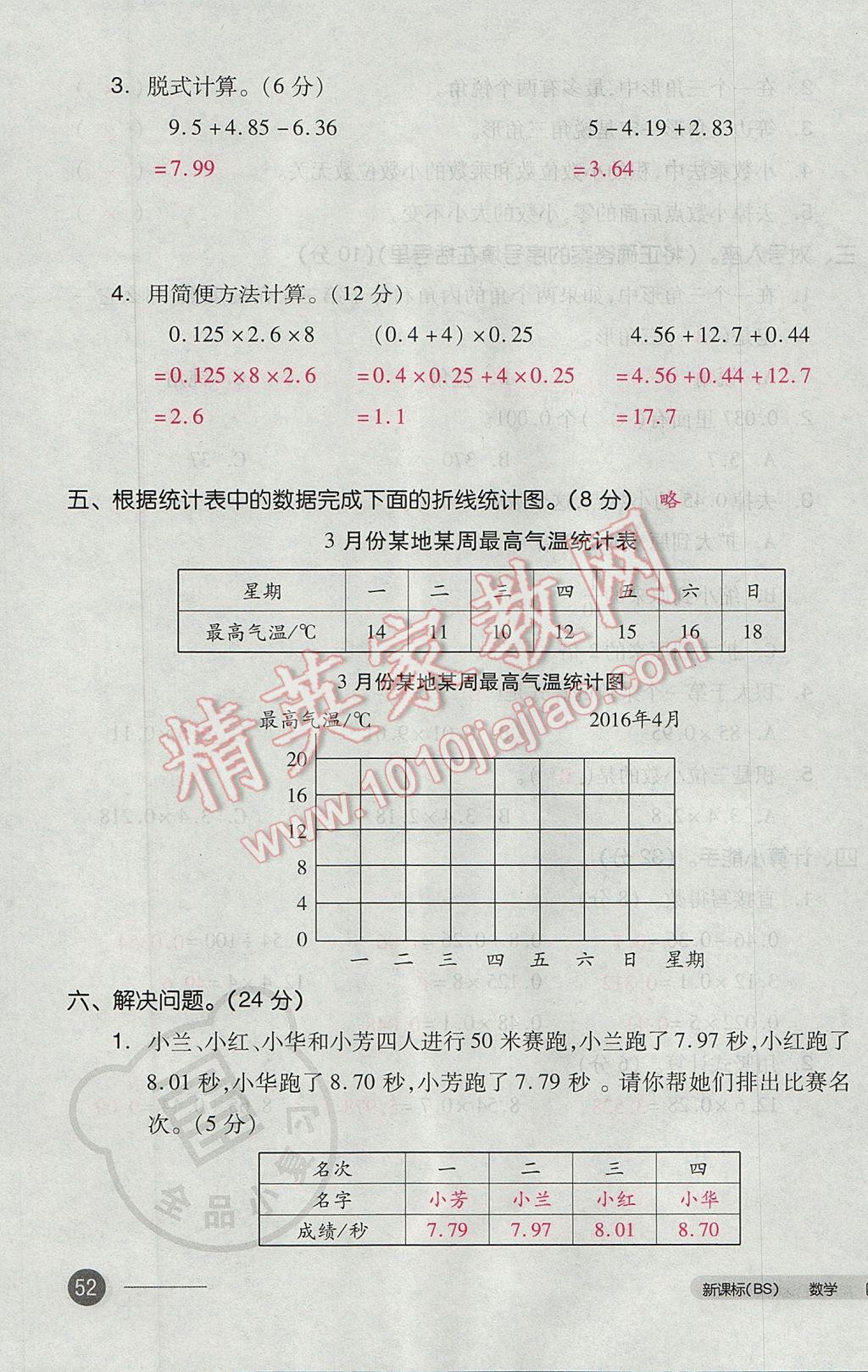 2017年全品小复习四年级数学下册北师大版 参考答案第103页