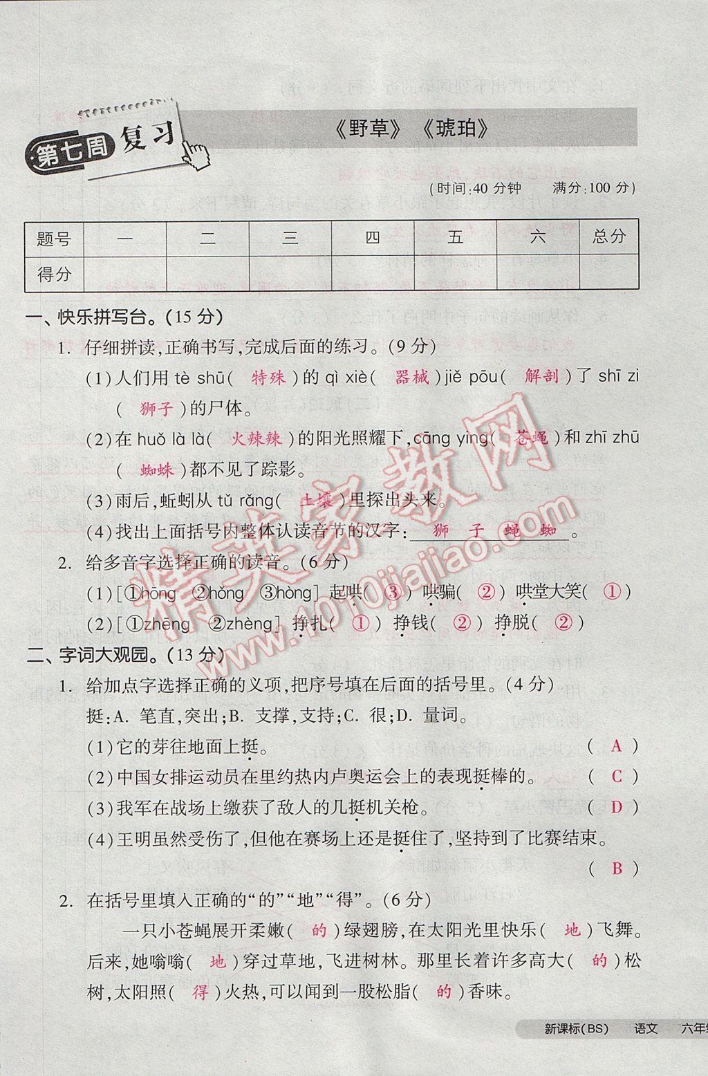 2017年全品小復習六年級語文下冊北師大版 參考答案第37頁