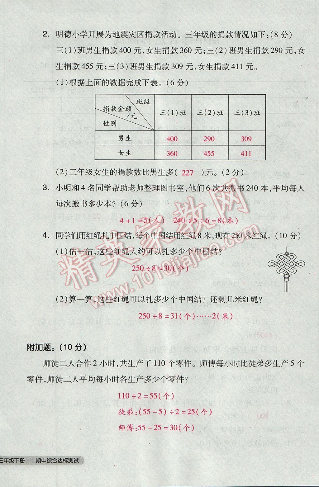 2017年全品小复习三年级数学下册人教版 参考答案第44页