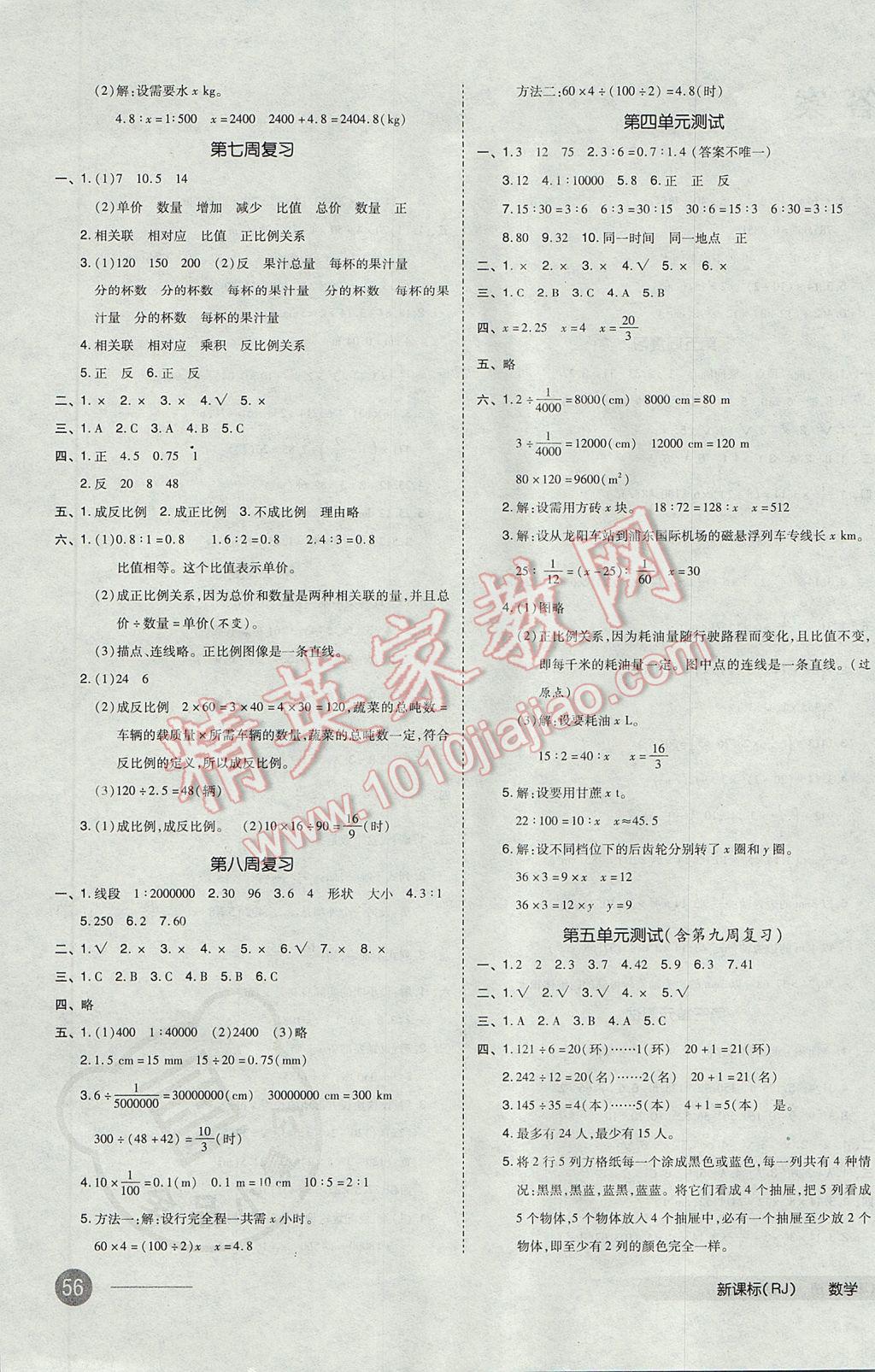 2017年全品小复习六年级数学下册人教版 参考答案第3页