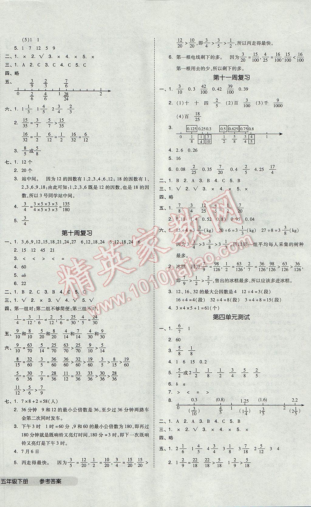 2017年全品小复习五年级数学下册人教版 参考答案第4页