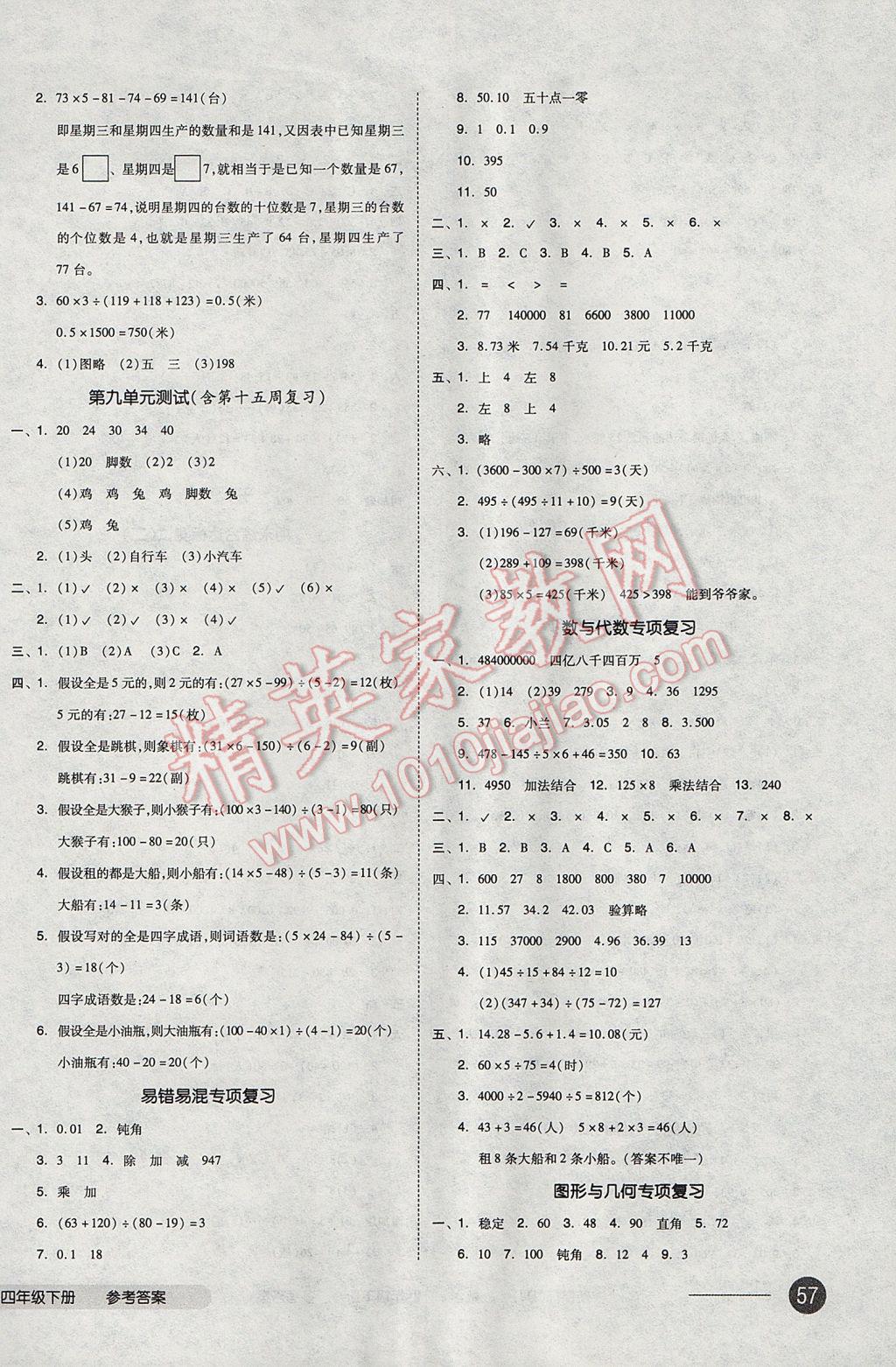 2017年全品小复习四年级数学下册人教版 参考答案第6页