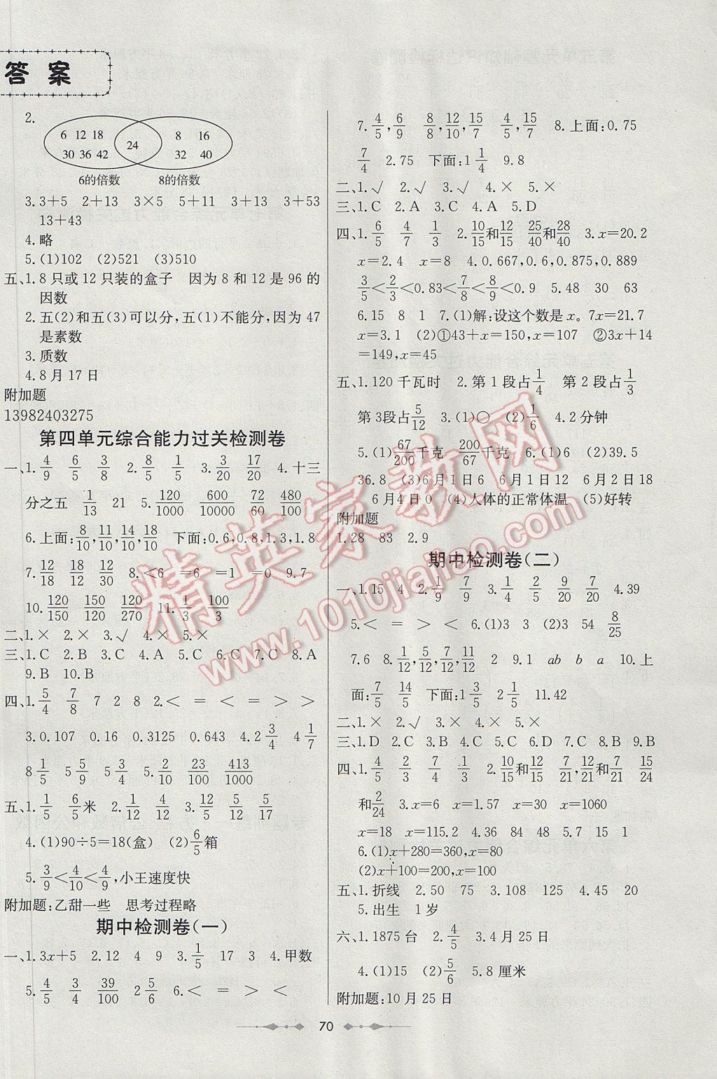 2017年金卷1號五年級數(shù)學下冊蘇教版 參考答案第2頁