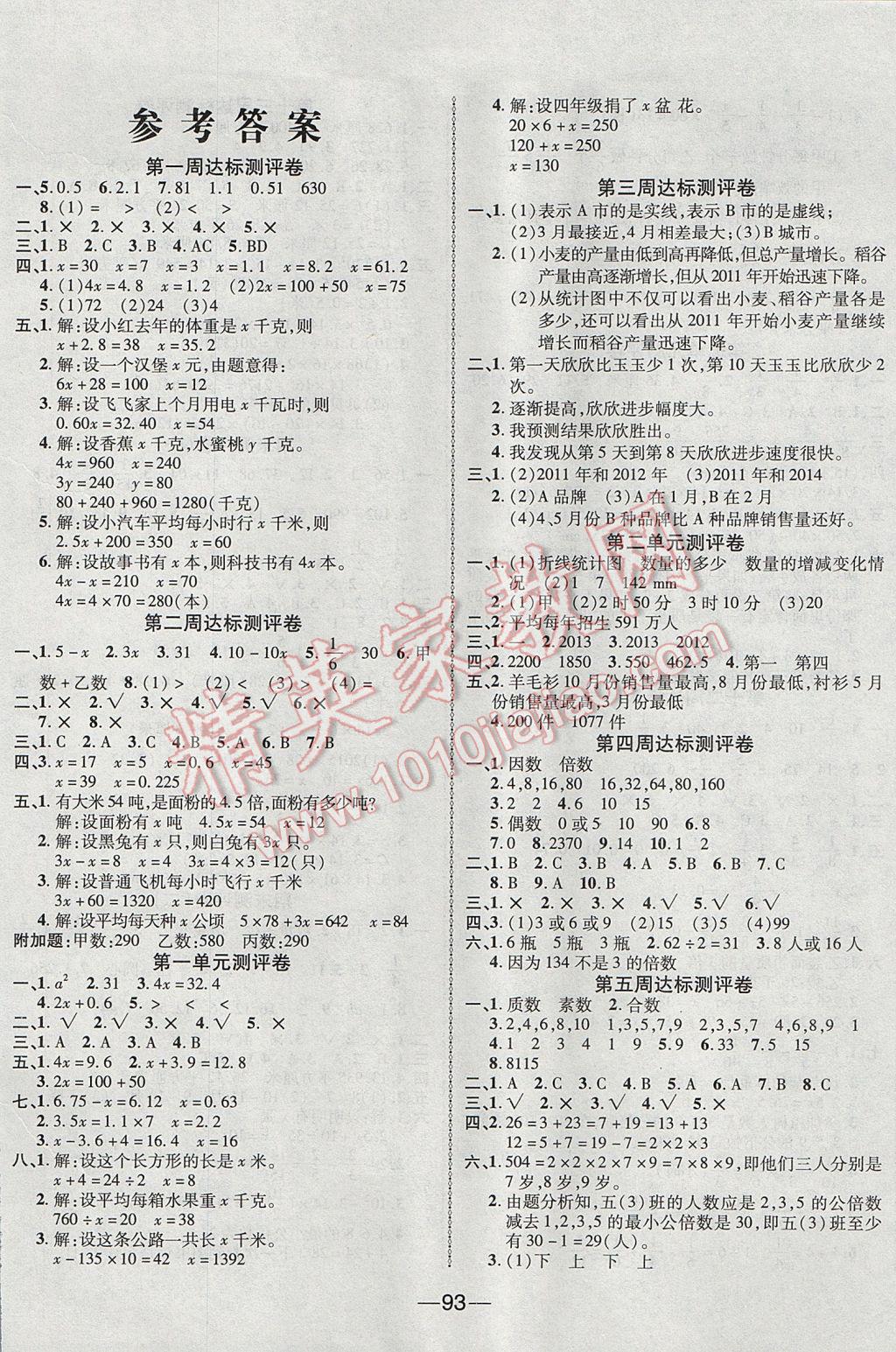 2017年优加全能大考卷五年级数学下册苏教版 参考答案第1页