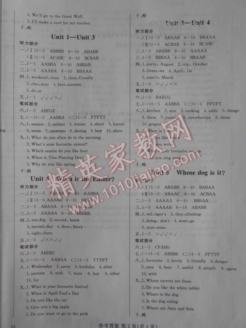 2017年狀元坊全程突破導練測五年級英語下冊 參考答案第30頁