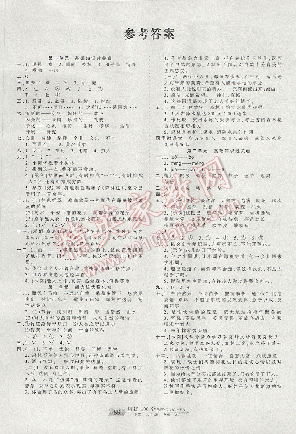 2017年王朝霞培优100分六年级语文下册冀教版 参考答案第1页