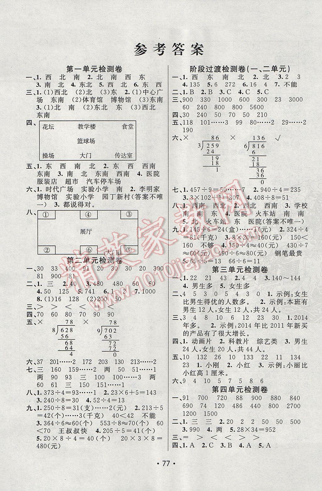 2017年期末100分闖關(guān)海淀考王三年級數(shù)學(xué)下冊人教版 參考答案第1頁