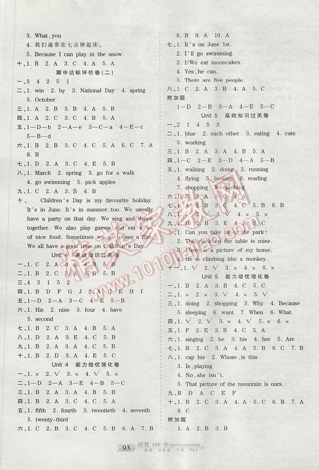 2017年王朝霞培优100分五年级英语下册人教PEP版三起 参考答案第5页