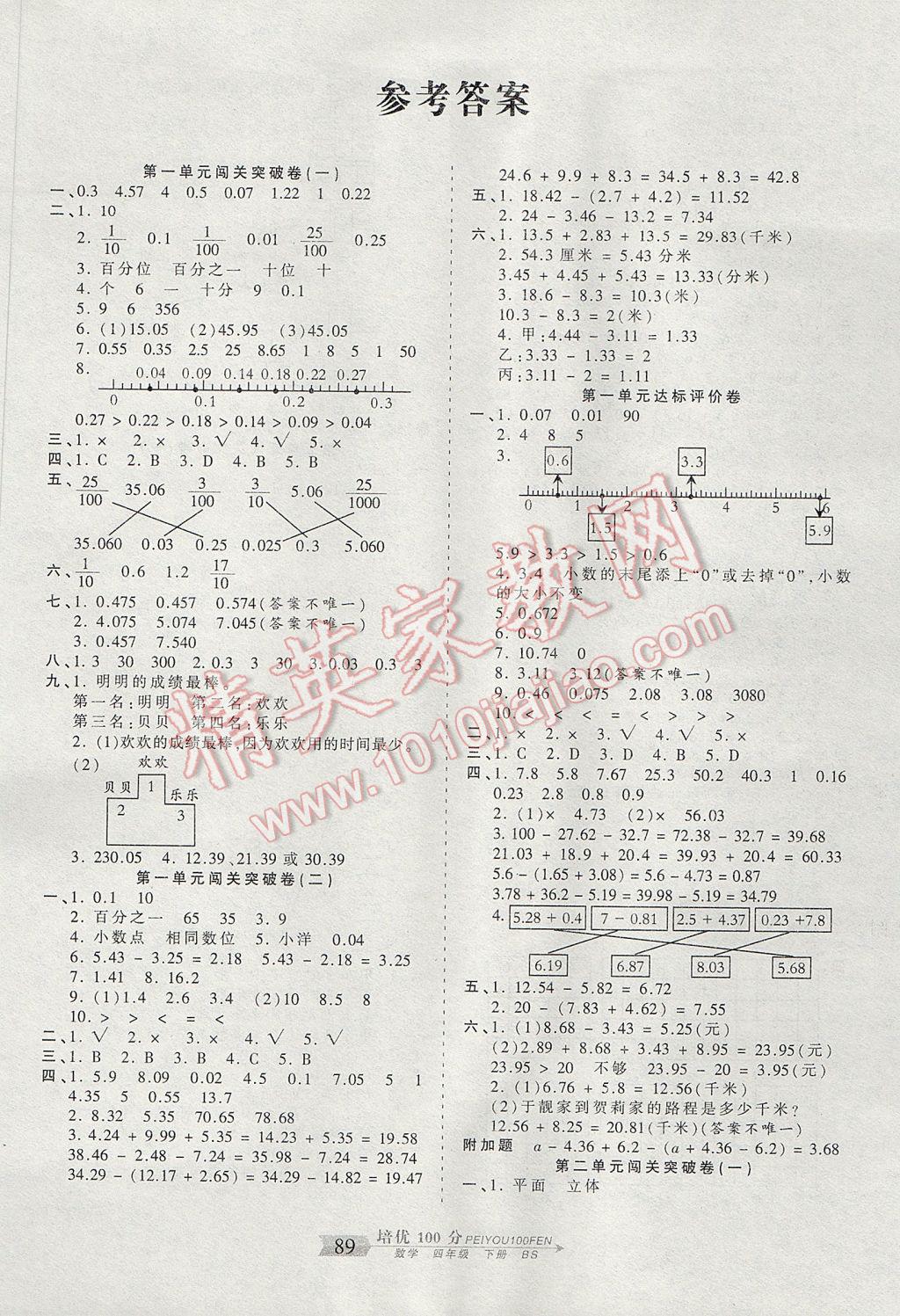 2017年王朝霞培优100分四年级数学下册北师大版 参考答案第1页