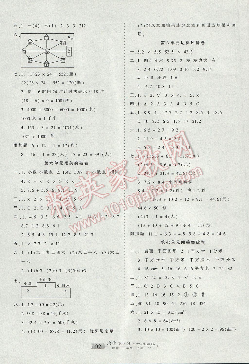 2017年王朝霞培優(yōu)100分三年級數(shù)學下冊冀教版 參考答案第4頁