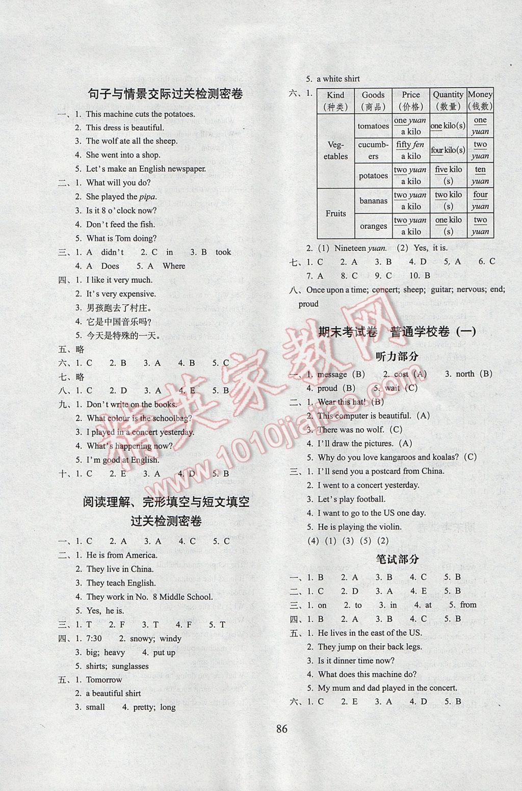 2017年期末冲刺100分完全试卷四年级英语下册外研版一起 参考答案第6页