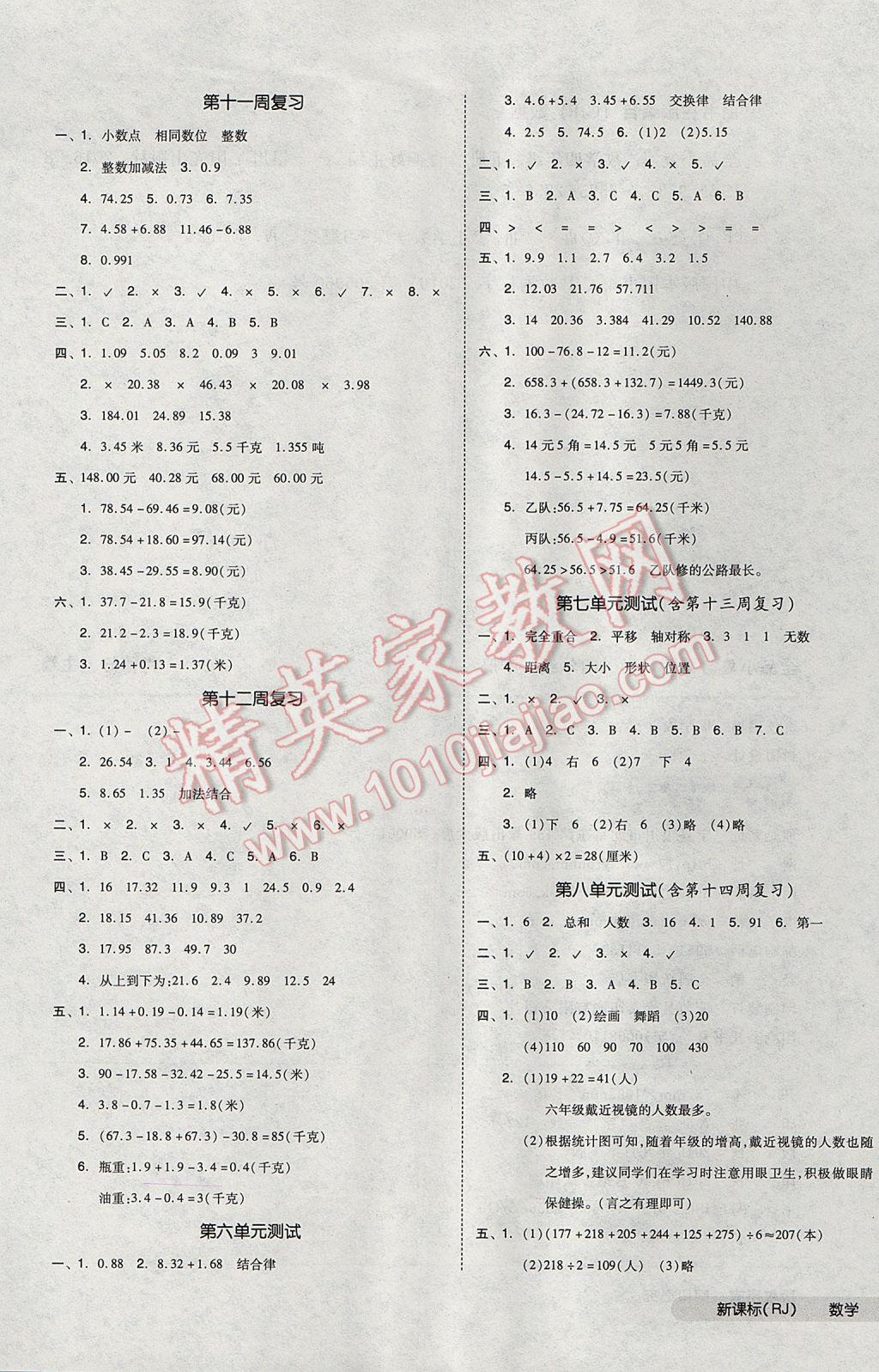 2017年全品小复习四年级数学下册人教版 参考答案第5页