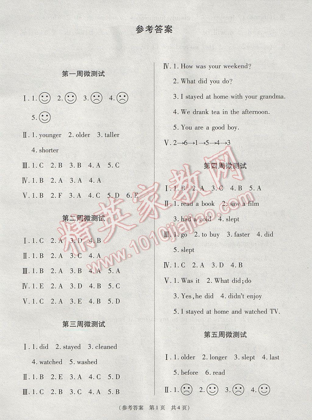 2017年扬帆文化100分培优智能优选卷六年级英语下册人教版 周周微测试答案第4页