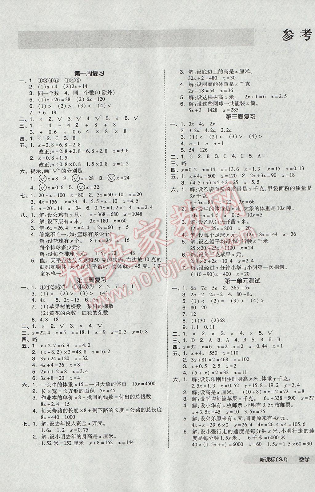 2017年全品小复习五年级数学下册苏教版 参考答案第1页