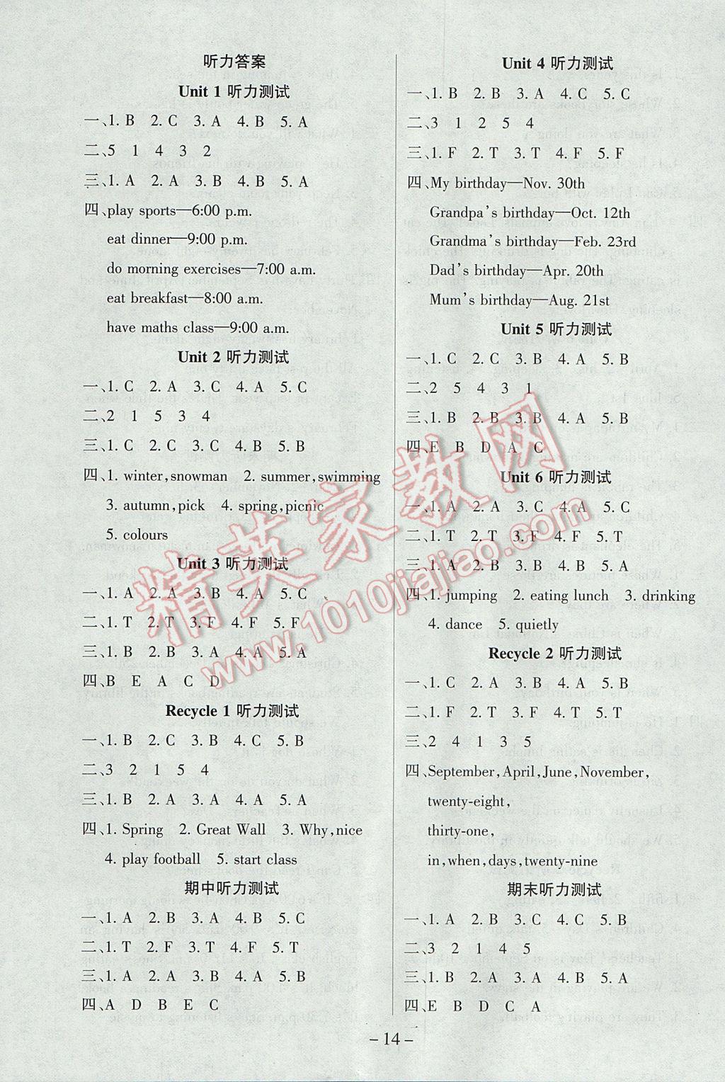 2017年優(yōu)佳好卷五年級(jí)英語(yǔ)下冊(cè)人教PEP版 聽(tīng)力測(cè)試答案第8頁(yè)