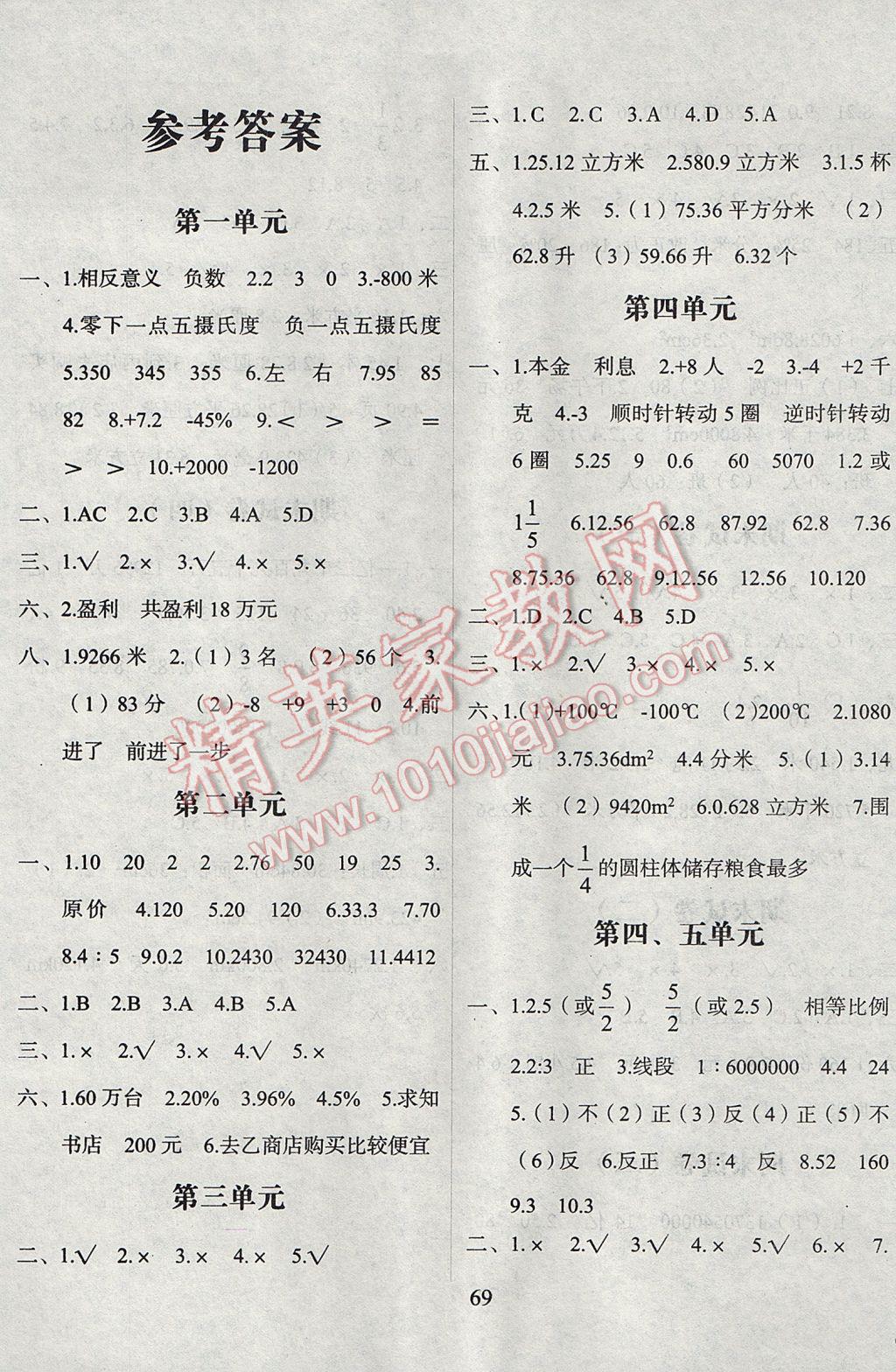 2017年名题金卷六年级数学下册人教版 参考答案第1页