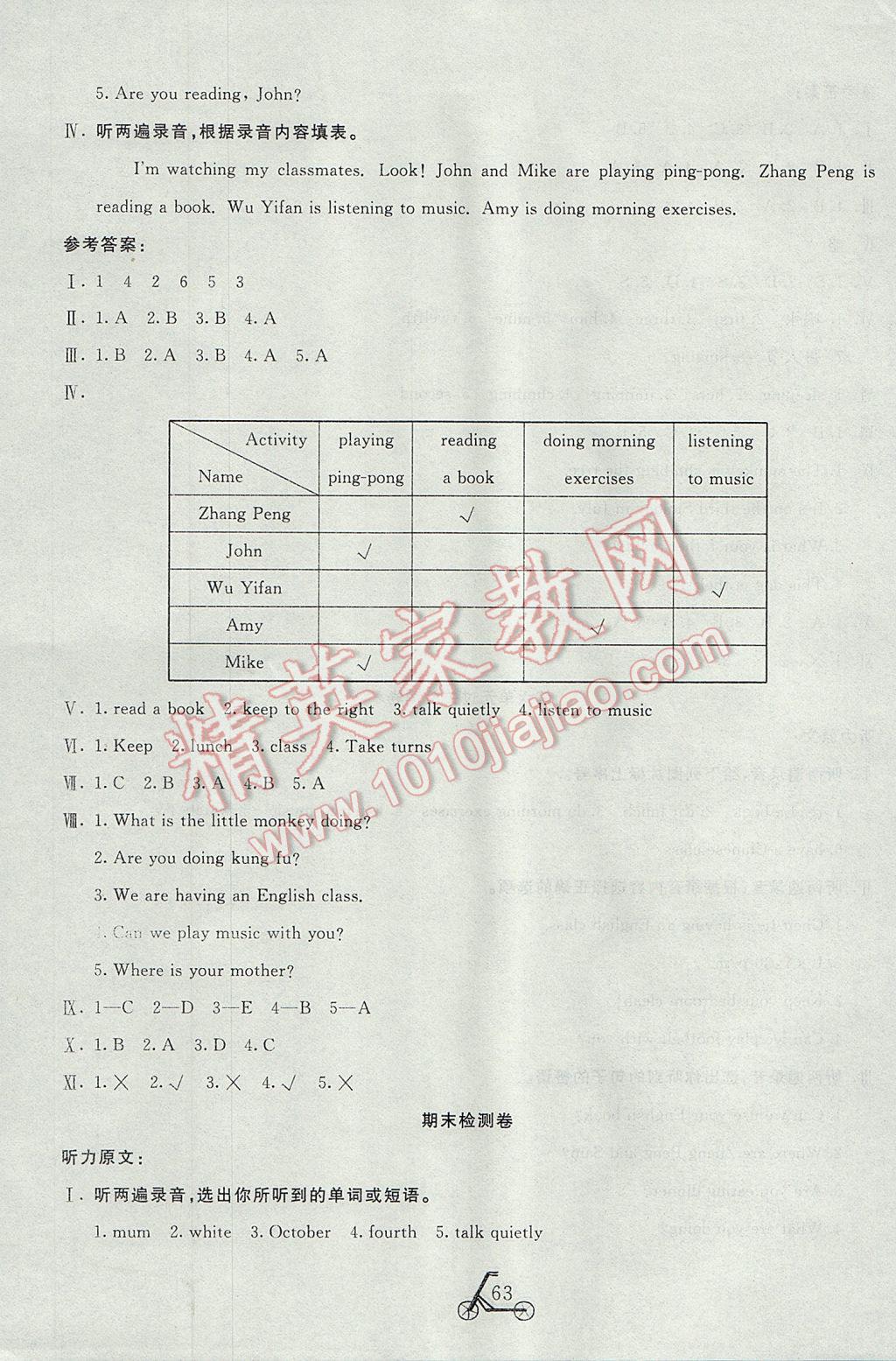 2017年小學(xué)奪冠單元檢測卷五年級英語下冊人教PEP版三起 參考答案第11頁