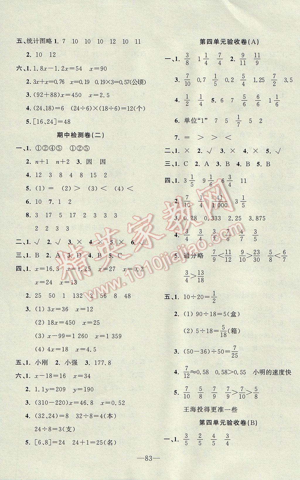 2017年云南名校高校训练方法本土卷五年级数学下册 参考答案第3页