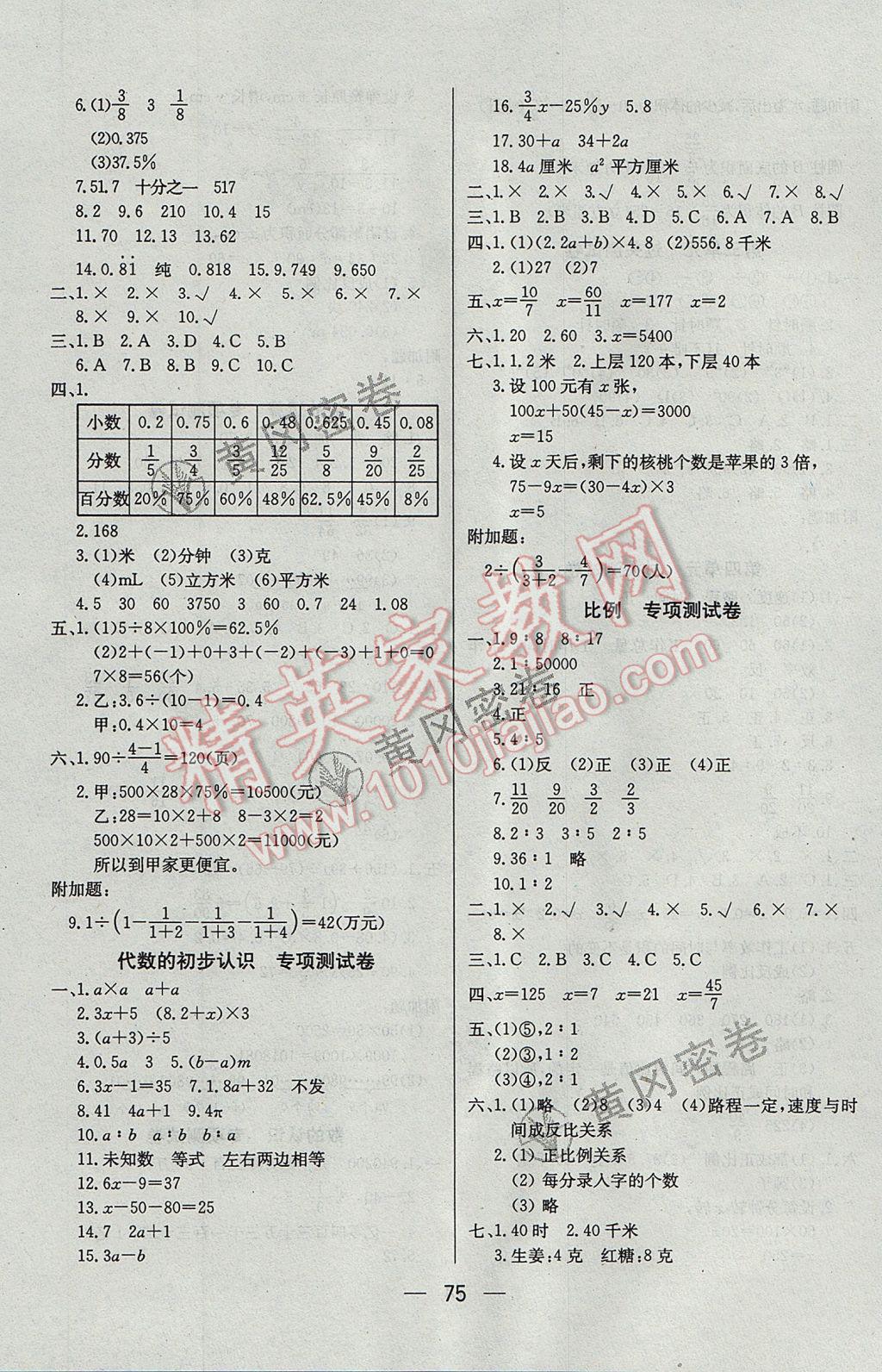 2017年王后雄黄冈密卷六年级数学下册北师大版 参考答案第3页